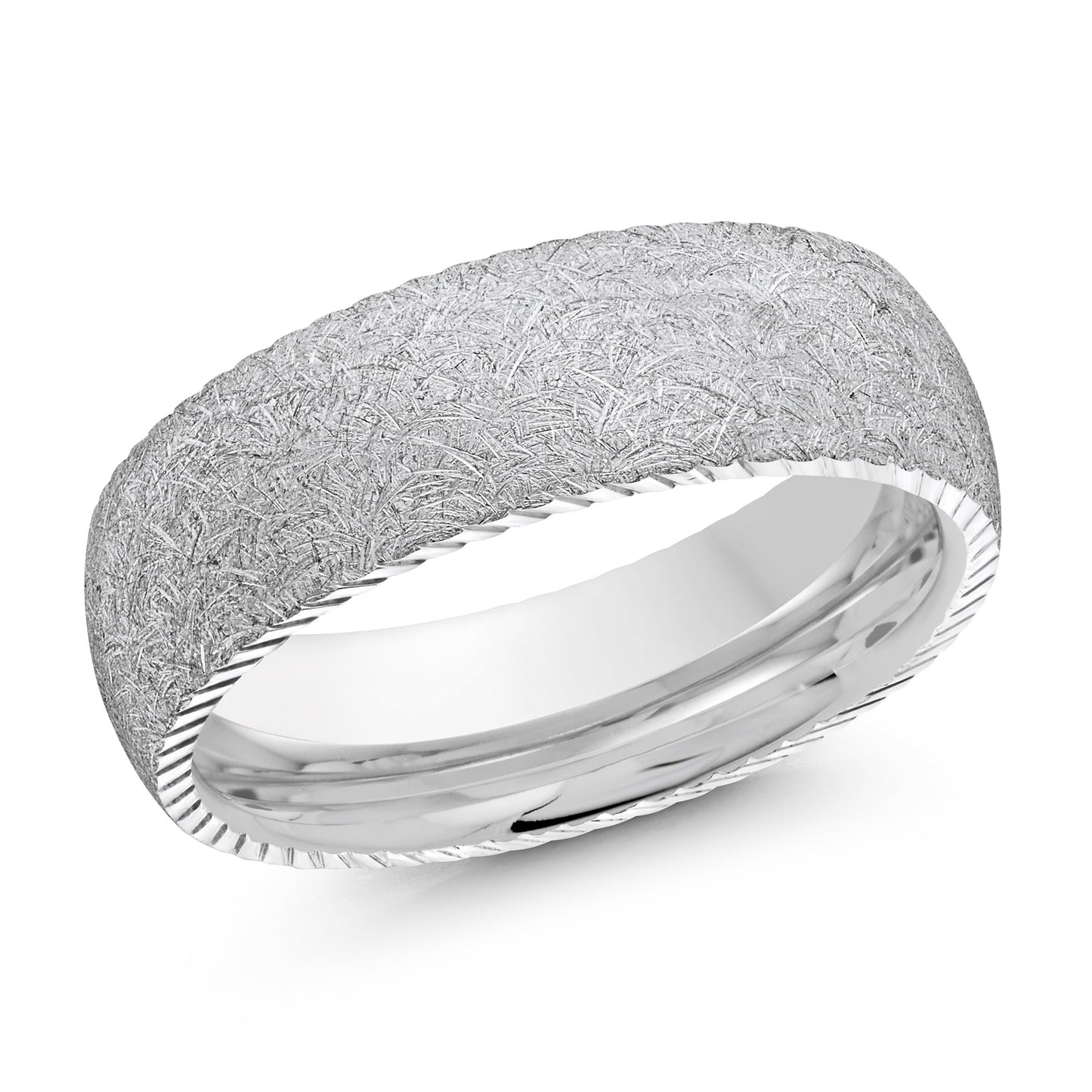 The Malo 10K White Gold 7mm Wedding Band is showcased against a plain white background. Its smooth, reflective inner band complements the intricate etching on its outer surface, highlighting a beautifully detailed design perfect for special occasions.