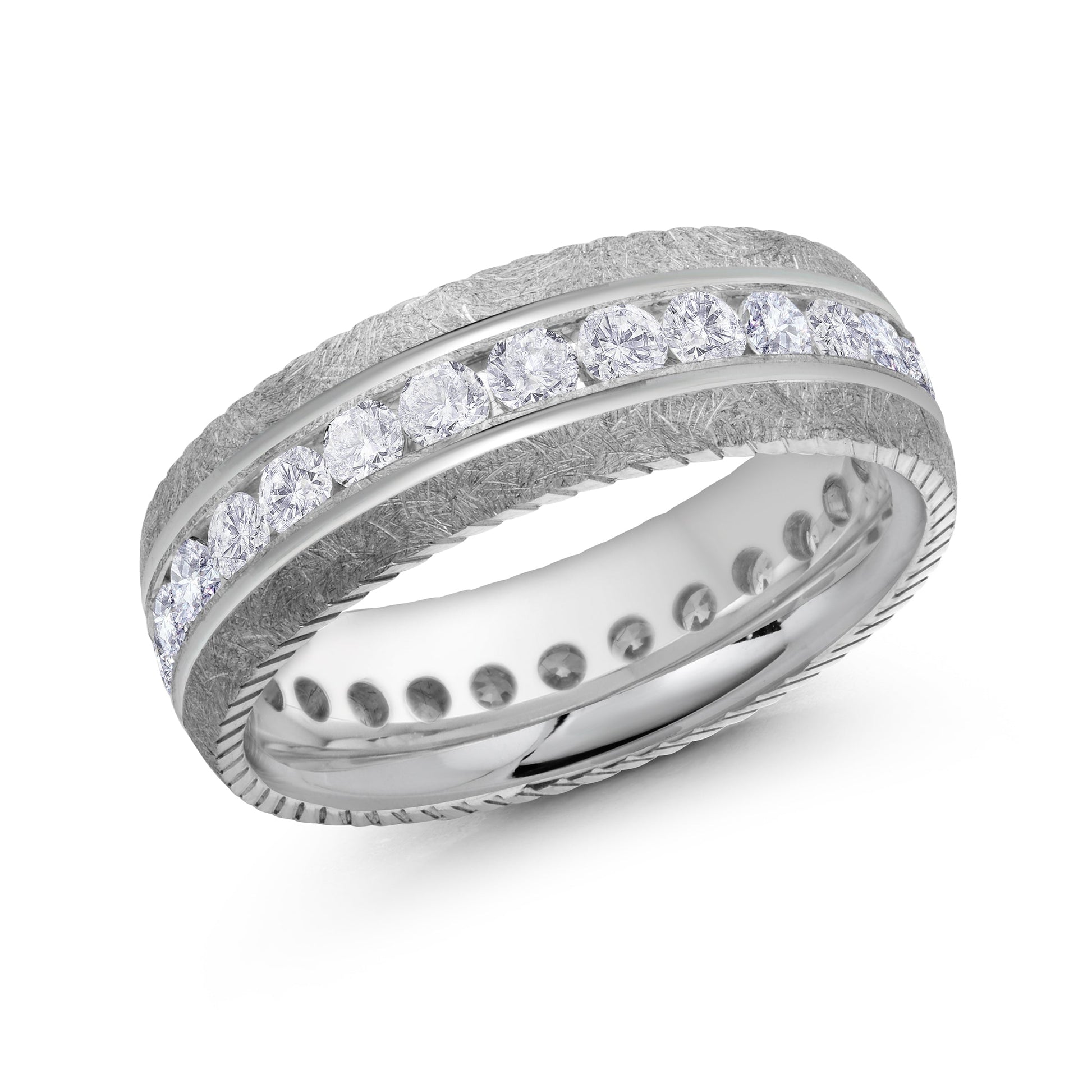 Introducing the Malo 10K White Gold Diamond 7mm Wedding Band, featuring a row of shimmering round diamonds at its core. This luxurious piece showcases a textured design on the outer edges, enhancing its polished and elegant appeal.
