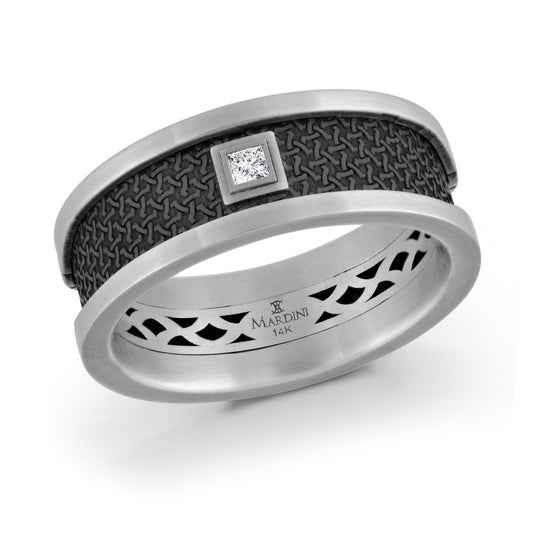 This 8mm wedding band by Malo combines a silver ring with an elegant black carbon fiber texture, highlighted by a square diamond at its center. The intricate exterior patterns create a beautiful contrast with the inside engraving, "Mardini 14K.