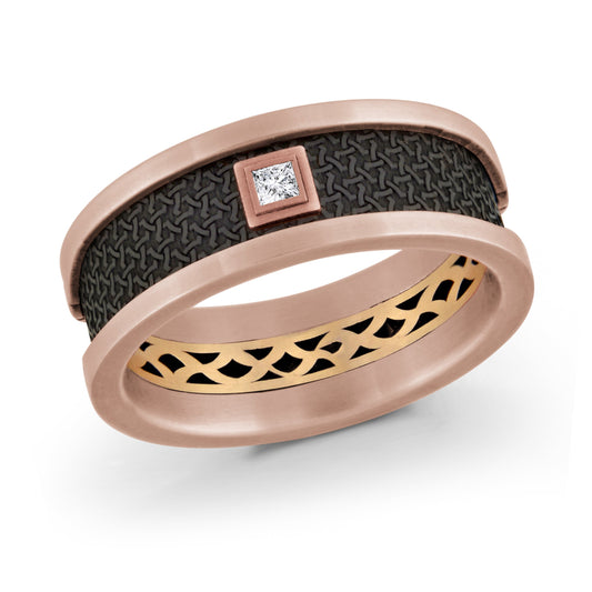 Presenting the Malo 14K Rose Gold Diamond 8mm Wedding Band, this elegant piece features a sleek black textured band accented by a small princess cut diamond. The interior showcases an intricate gold pattern, blending modern elegance with sophisticated design.