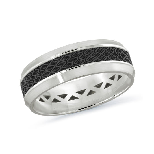 Introducing the Malo 14K White Gold Men's Wedding Band in size 10, featuring a striking geometric pattern on the 7mm black inlay, complemented by shiny metallic edges and a subtle inner pattern.