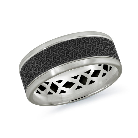 A wedding band by Malo, crafted from carbon fiber and 14K white gold with an 8mm black textured band, showcases an intricate geometric pattern. Inside, you'll find a striking cut-out design of diamond shapes that adds to its unique aesthetic.