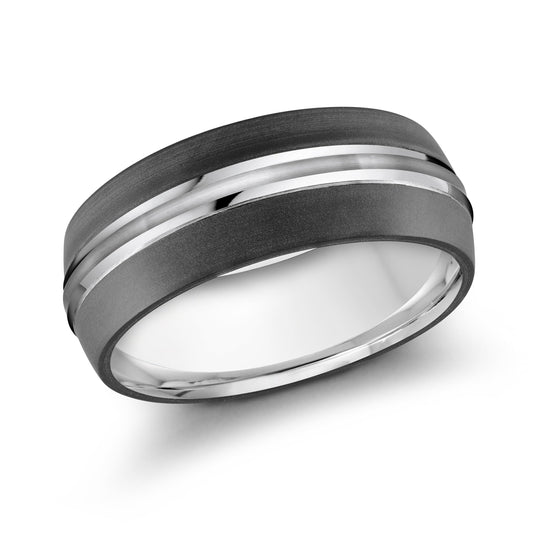 The Malo Carbon Fiber 8mm wedding band offers a sleek, modern design with a matte finish and two polished 14K white gold bands elegantly running horizontally around its black surface. Its shiny interior reflects light beautifully, making it a standout piece.