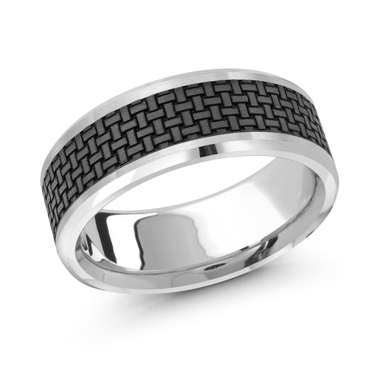 Introducing the Malo Carbon Fiber and 14K White Gold Wedding Band by Malo, featuring a sophisticated black woven pattern inlay. The contemporary design boasts luminous white gold edges that beautifully complement the detailed carbon fiber texture. Presented against a simple white background, this ring exudes elegance and modernity.