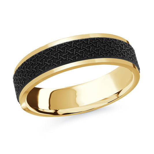 Introducing the Malo Carbon Fiber and 14K Yellow Gold 6mm Wedding Band, a stunning creation from Malo that features a beautifully crafted black textured carbon fiber band at its center, enhanced by an intricate pattern. The polished finish of this exquisite yellow gold ring adds a timeless touch of elegance.