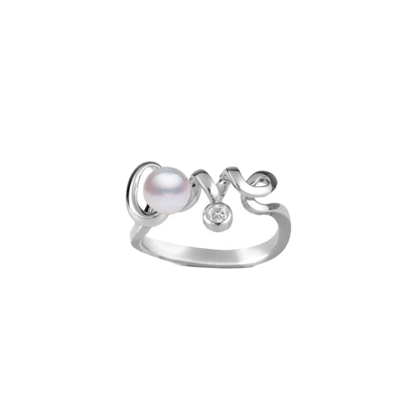 Explore the Mikimoto Love Script ring, crafted from 18K white gold, featuring an elegant swirl design. One end is adorned with a lustrous Akoya cultured pearl while the other glistens with a small diamond, set against a plain white background.