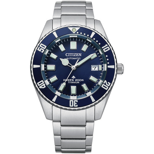 The CITIZEN Promaster Fujitsubo Super Titanium Automatic Mechanical 41mm Watch showcases a stunning blue dial paired with a Super Titanium bracelet. It is equipped with an automatic movement, large luminous hour markers, a date window at the 3 o'clock position, and offers water resistance up to 200 meters.