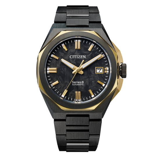 CITIZEN Series 8 Automatic 39mm Watch Limited Edition of 1,200 Pcs. featuring an automatic movement, black metal link bracelet, forged carbon dial, gold-toned hands and markers, and a gold-toned octagonal bezel.