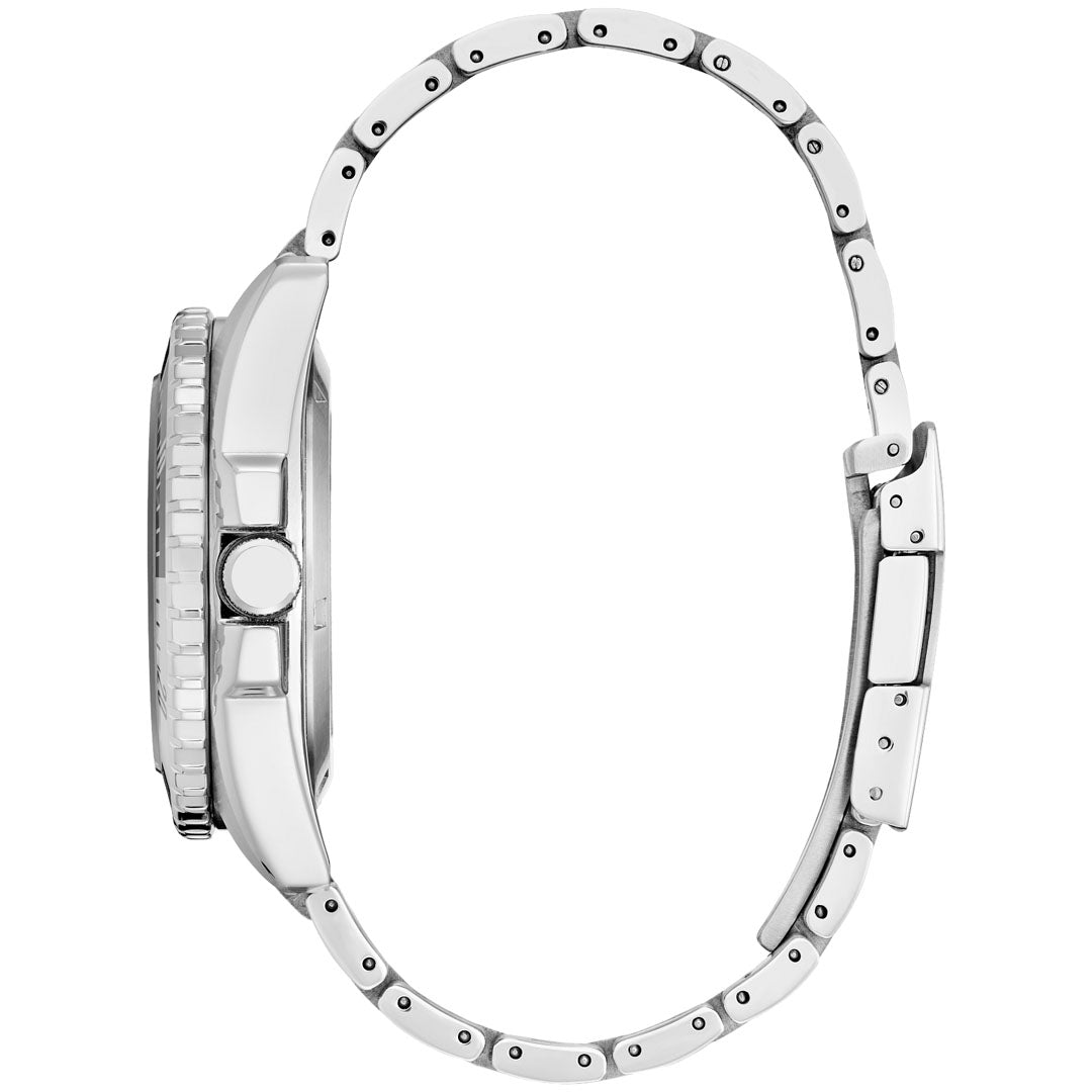 A side view of the CITIZEN Sport Automatic 42mm Watch reveals a silver wristwatch with a metallic band, highlighting its sleek profile and clasp. The round bezel encircles a sapphire crystal, accompanied by an adjustment knob that enhances its minimalist design. As part of the CITIZEN brand, this watch boasts high-performance movement for the modern enthusiast.