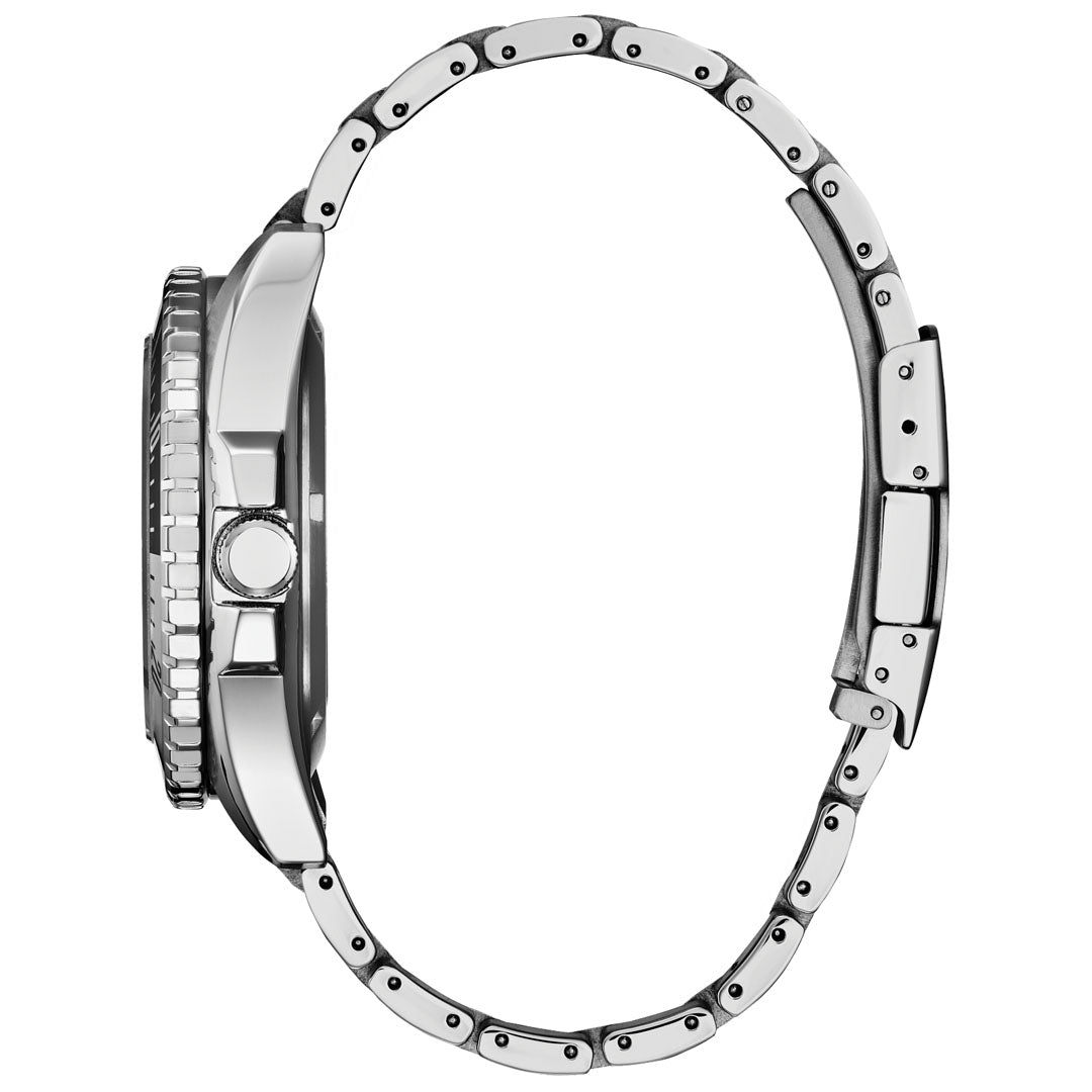 Side view of the CITIZEN Sport Automatic 42mm Watch, showcasing a stainless steel bracelet and prominent crown. Part of the Automatics Collection by CITIZEN, this sporty timepiece features a textured bezel and modern design, complete with sapphire crystal to accentuate its slim profile.