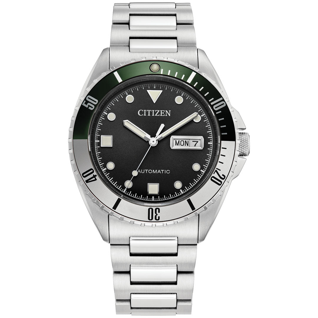 This timepiece from CITIZEN's Sport Automatic collection showcases a silver stainless steel band and case. Its striking black dial is complemented by silver hour markers and hands, alongside a day-date display, while the green bezel is detailed with minute markings—exemplifying the excellence of the CITIZEN Sport Automatic 42mm Watch.