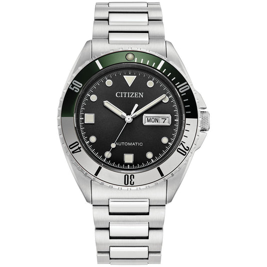 This timepiece from CITIZEN's Sport Automatic collection showcases a silver stainless steel band and case. Its striking black dial is complemented by silver hour markers and hands, alongside a day-date display, while the green bezel is detailed with minute markings—exemplifying the excellence of the CITIZEN Sport Automatic 42mm Watch.