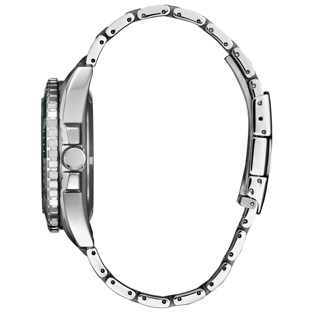 Side view of the CITIZEN Sport Automatic 42mm Watch, a silver timepiece from CITIZEN with a metal bracelet. It features a prominent crown and textured bezel, highlighting its high-performance movement. The shiny bracelet links are intricately connected, with a clasp visible on the right side.