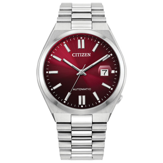 A silver CITIZEN TSUYOSA Collection Automatic Mechanical 40mm Watch with a metallic bracelet and bold red dial exudes sporty style. Featuring silver hour markers, hands, a date window at 3 o'clock, and the "Citizen" logo, it blends elegance and precision perfectly.