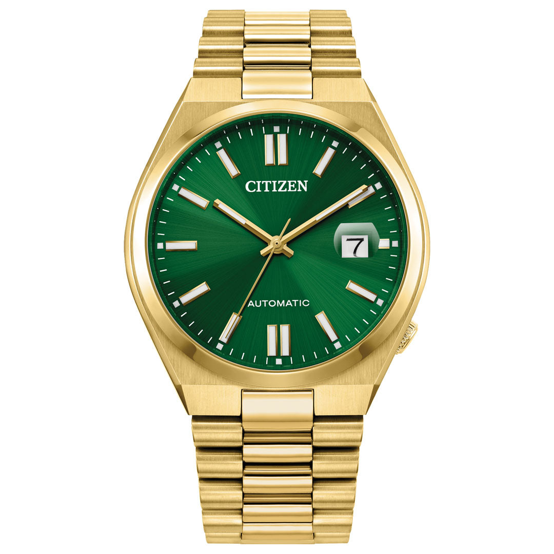 A gold-tone stainless steel CITIZEN TSUYOSA Collection Automatic Mechanical 40mm watch with a sunray green dial and metal strap. Features gold hour markers, a date window at 3 o'clock (displaying "7"), and the text "CITIZEN" and "Tsuyosa Automatic.