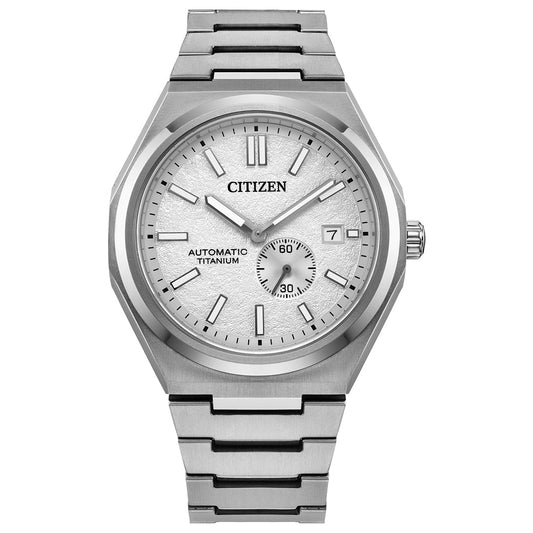 The CITIZEN Zenshin Mechanical Automatic 40.5mm Watch features a silver Super Titanium™ case, metallic strap, textured light gray dial, baton markers, date at 3 o’clock, and small seconds subdial at 6 o’clock.