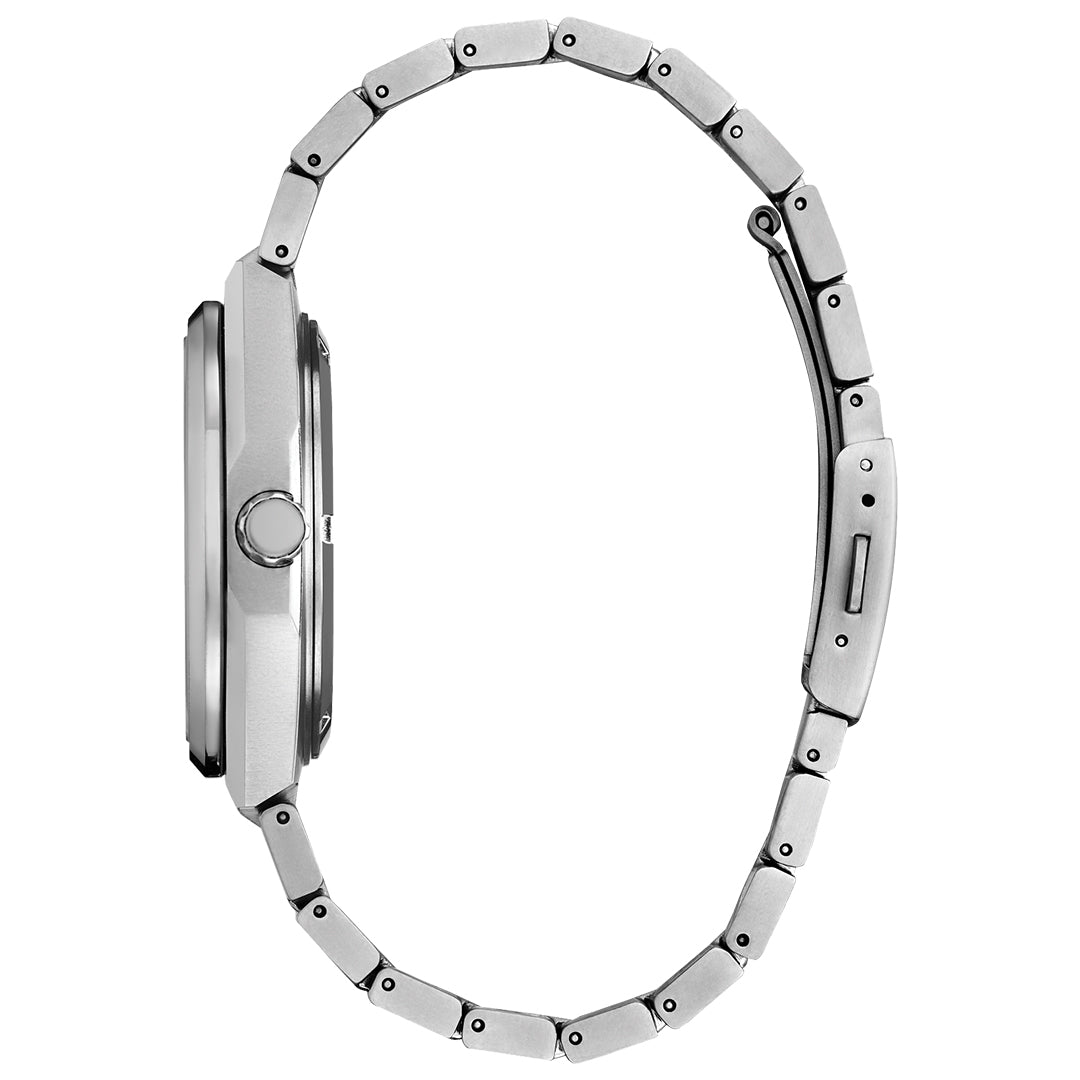 A side view of the CITIZEN Zenshin Mechanical Automatic 40.5mm Watch shows its slim Super Titanium™ case and curved metal link band, capturing the sporty elegance of this silver timepiece from CITIZEN.
