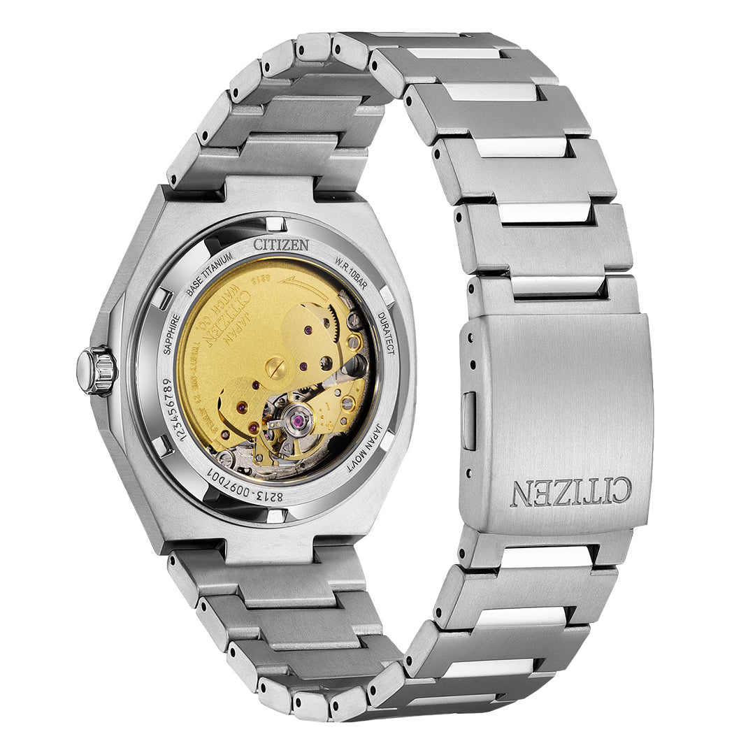 The CITIZEN Zenshin Mechanical Automatic 40.5mm Watch is shown from the back, highlighting its transparent case back that reveals the gold-toned automatic movement, stainless steel bracelet, and CITIZEN logo on the clasp.
