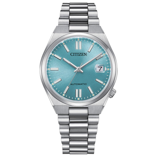 The CITIZEN TSUYOSA Collection Automatic 37mm Watch features a stainless steel case and bracelet, a sunray-textured turquoise-blue dial with silver markers and hands, plus a date window at 3 o'clock.