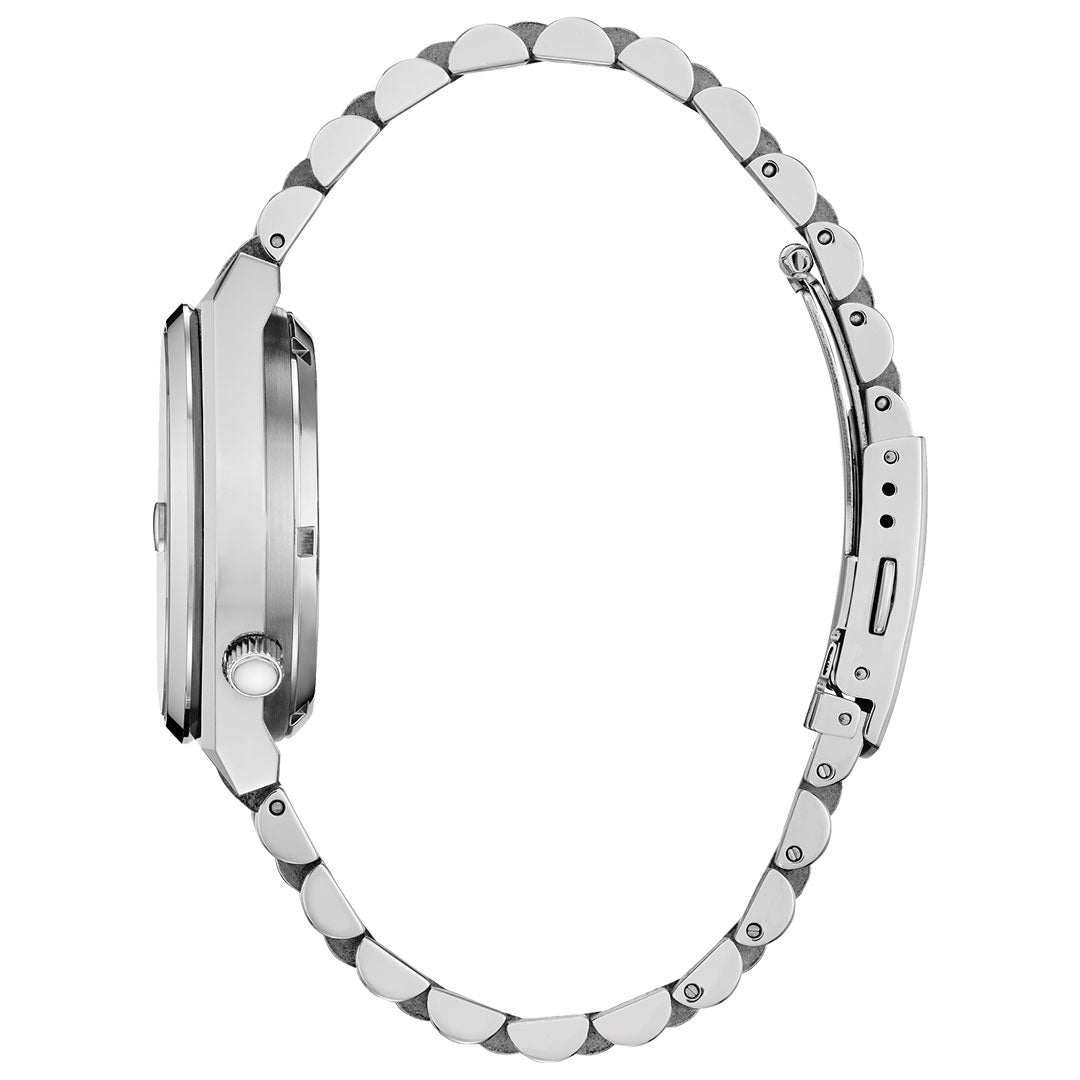 Side view of the CITIZEN TSUYOSA Collection Automatic 37mm Watch showing its silver stainless steel case, metallic link bracelet with clasp, left-side crown, and refined design from CITIZEN.