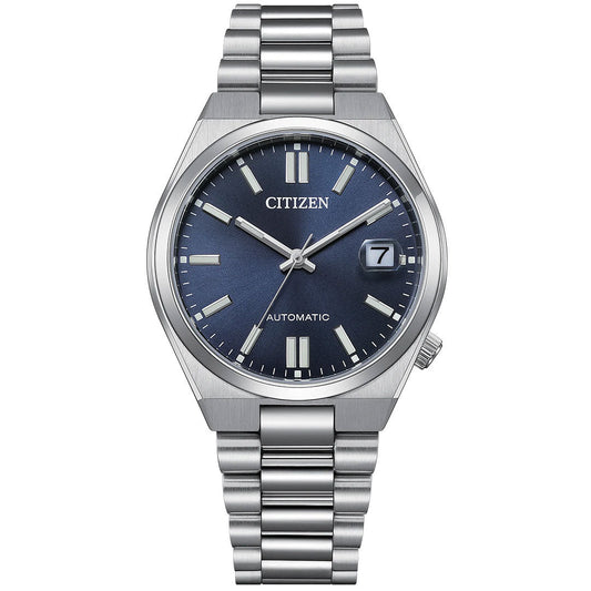 The CITIZEN TSUYOSA Collection Automatic 37mm watch features a silver case, metallic strap, blue dial with white hour markers, silver hands, date display at 3 o’clock, and durable sapphire crystal.