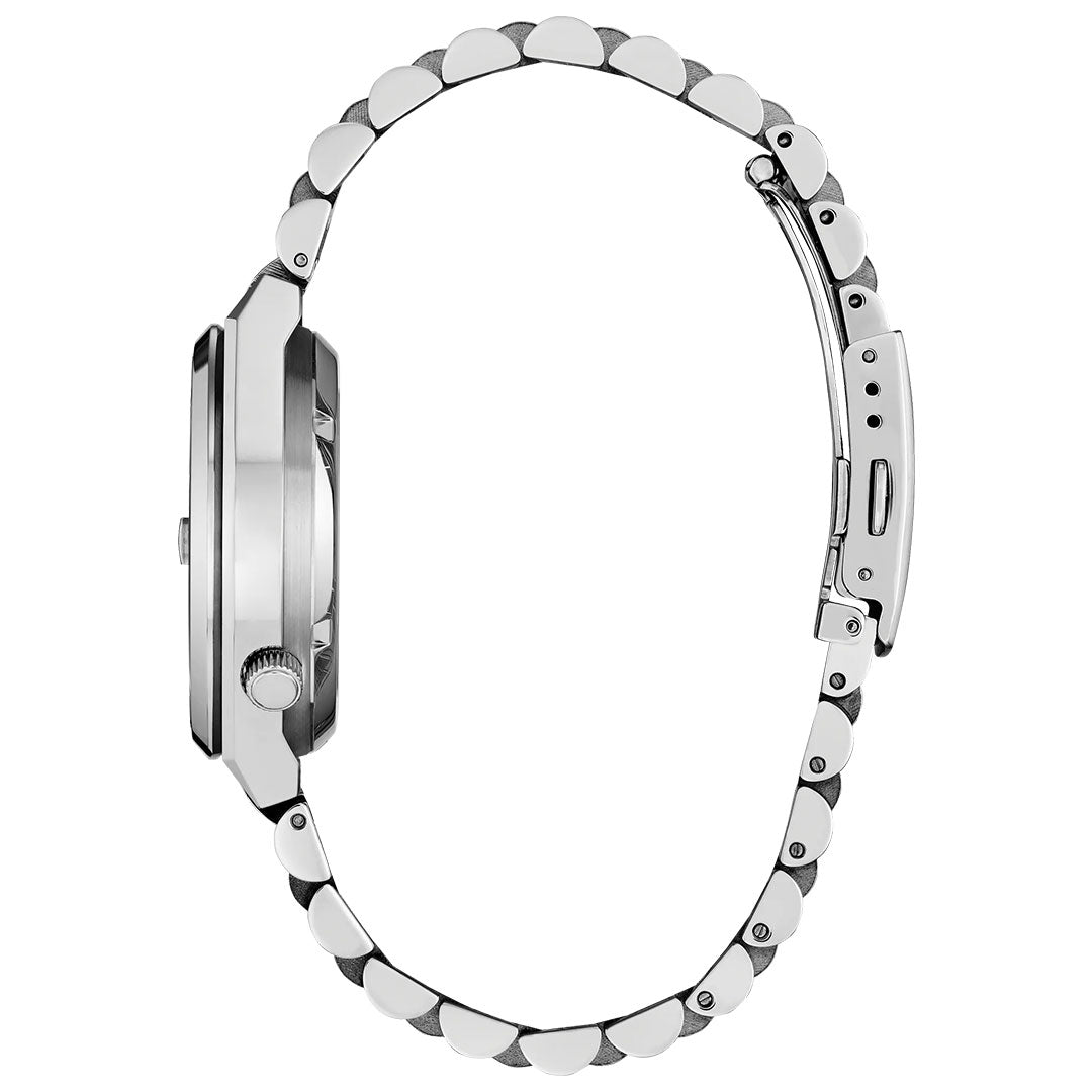 Side view of the CITIZEN TSUYOSA Collection Automatic 37mm Watch by CITIZEN with a silver metal link band, visible crown, clasp with multiple adjustment holes, and durable sapphire crystal. The watch face is not shown.