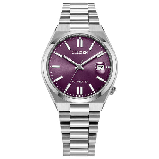 The CITIZEN TSUYOSA Collection Automatic 37mm Watch features a stainless steel case, metallic bracelet, purple dial with silver markers and hands, date at 3 o’clock, and "AUTOMATIC" above 6 o’clock.