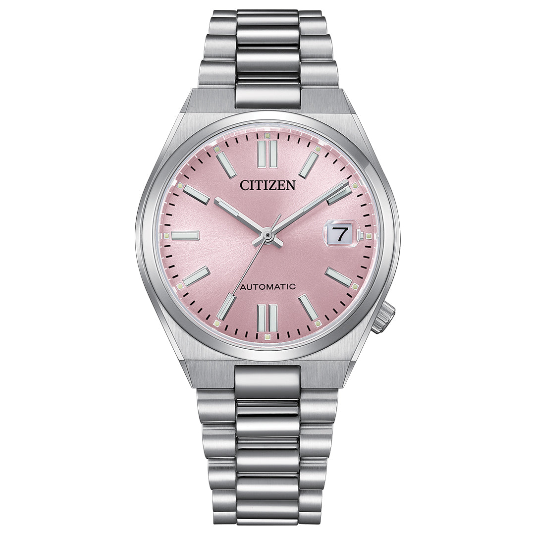 The CITIZEN TSUYOSA Collection Automatic 37mm Watch features a stainless steel case, silver metal band, pastel pink dial with silver hour markers, date window at 3 o’clock, and displays "CITIZEN" and "AUTOMATIC" on the face.