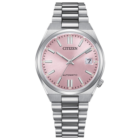 The CITIZEN TSUYOSA Collection Automatic 37mm Watch features a stainless steel case, silver metal band, pastel pink dial with silver hour markers, date window at 3 o’clock, and displays "CITIZEN" and "AUTOMATIC" on the face.