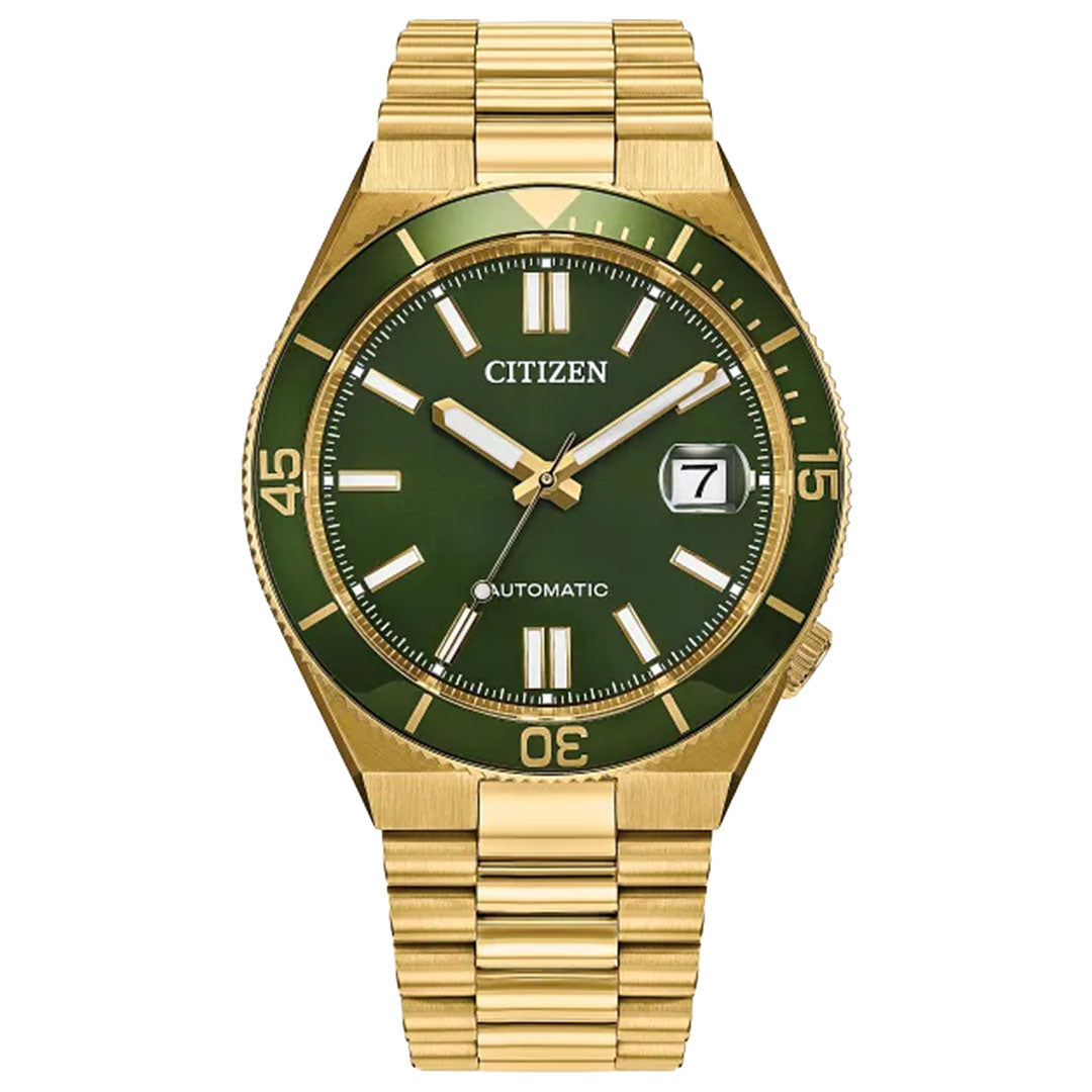The CITIZEN TSUYOSA Shore Automatic 40mm Watch features a gold-tone stainless steel case, green dial with white luminous markers, date at 3 o'clock, automatic Calibre 8210 movement, and a matching gold metal link band.