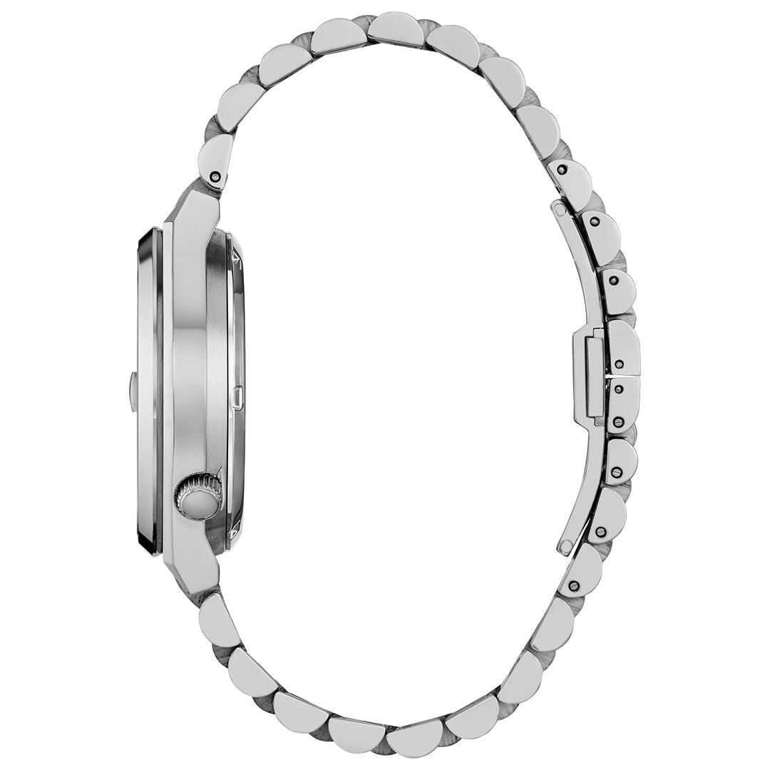 Side view of the CITIZEN TSUYOSA 60 Automatic 40mm Watch, showcasing its silver stainless steel bracelet, round case, crown, and clasp by CITIZEN. The watch face is not visible.