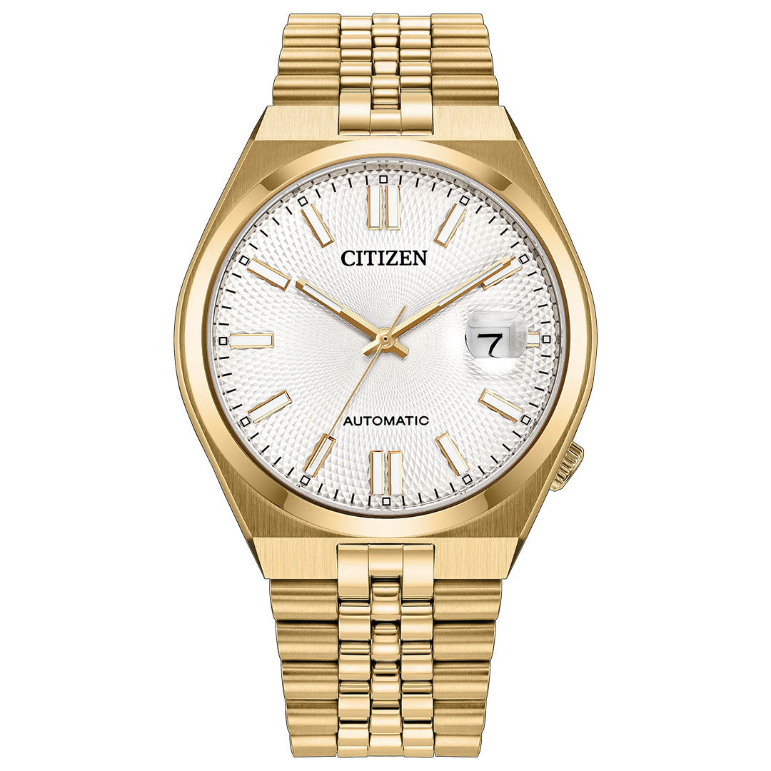 A CITIZEN TSUYOSA 60 Automatic 40mm watch featuring a yellow gold-tone finish, white textured dial with gold hour markers and hands, a date window displaying “7,” and a matching gold metal band. The watch face showcases “CITIZEN” and “AUTOMATIC,” emphasizing its modern sport watch style powered by the automatic calibre 8310 movement.