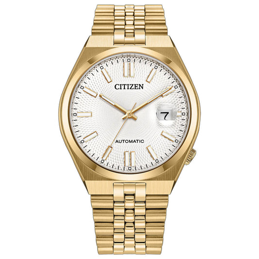 A CITIZEN TSUYOSA 60 Automatic 40mm watch featuring a yellow gold-tone finish, white textured dial with gold hour markers and hands, a date window displaying “7,” and a matching gold metal band. The watch face showcases “CITIZEN” and “AUTOMATIC,” emphasizing its modern sport watch style powered by the automatic calibre 8310 movement.