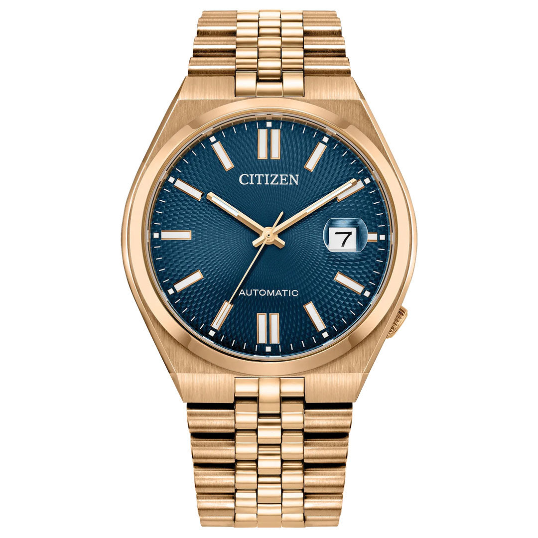 The CITIZEN TSUYOSA 60 Automatic 40mm Watch features a gold case and bracelet, blue textured dial, gold hour markers and hands, automatic movement, and a date display at 3 o’clock.