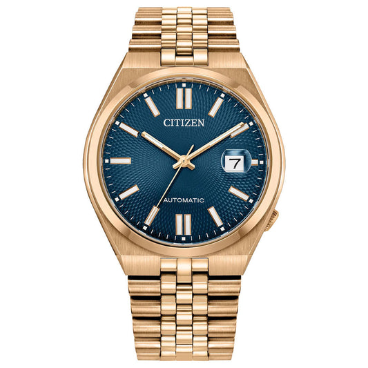 The CITIZEN TSUYOSA 60 Automatic 40mm Watch features a gold case and bracelet, blue textured dial, gold hour markers and hands, automatic movement, and a date display at 3 o’clock.