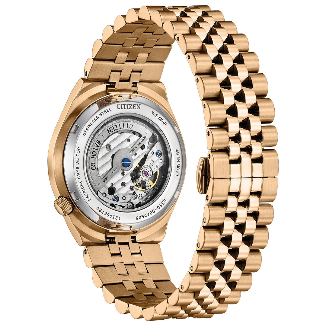 Close-up of the back of a CITIZEN TSUYOSA 60 Automatic 40mm Watch, showcasing its detailed automatic movement, visible engravings, and stainless steel bracelet through the transparent case back.