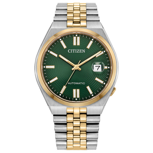 The CITIZEN TSUYOSA 60 Automatic 40mm Watch features a green textured dial, gold bezel, silver and gold markers, date at 3 o’clock, and automatic movement—a stylish two-tone stainless steel sports watch from CITIZEN.