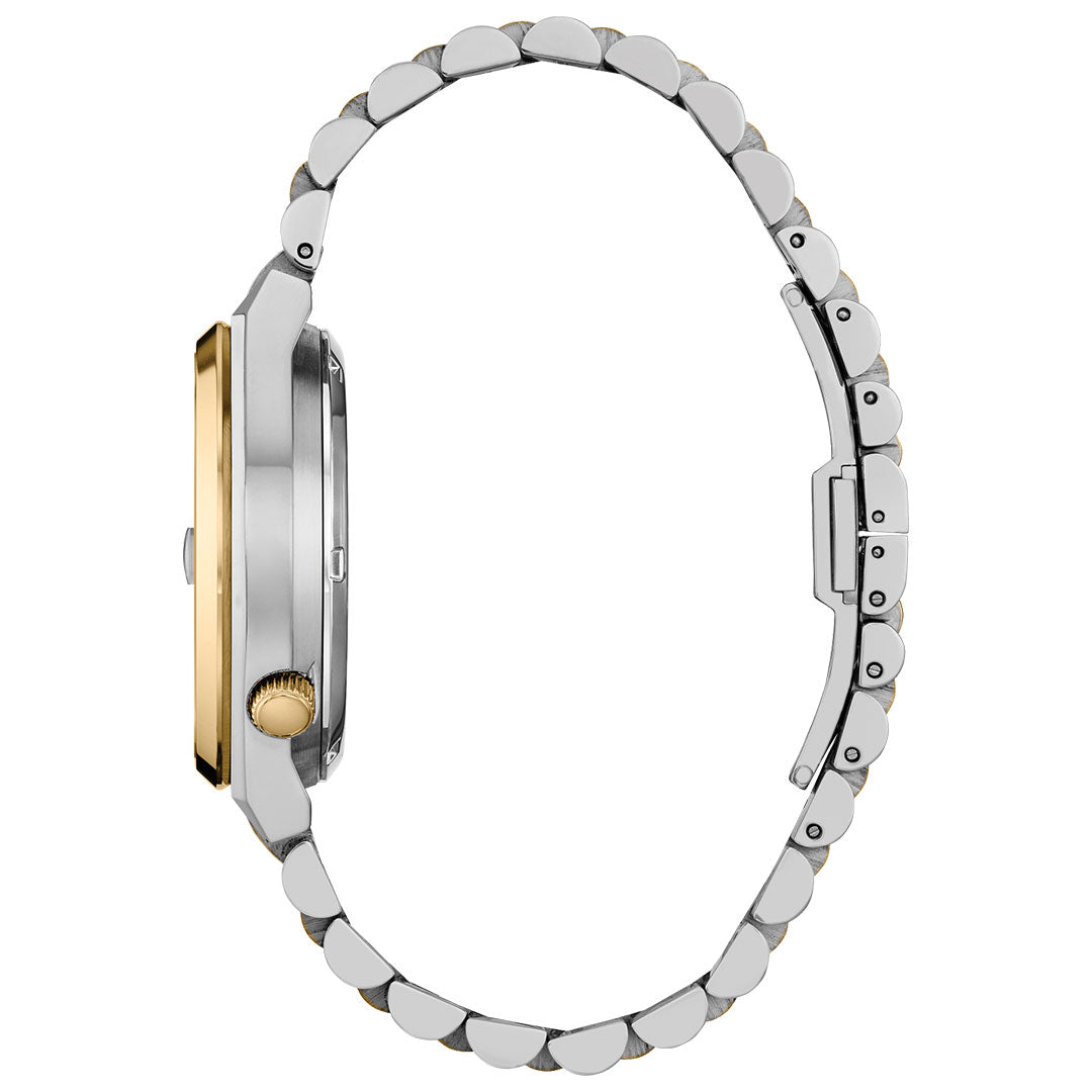 A side view of the CITIZEN TSUYOSA 60 Automatic 40mm Watch by CITIZEN, featuring a two-tone silver and gold stainless steel band, round case, visible crown and clasp, displayed against a white background.