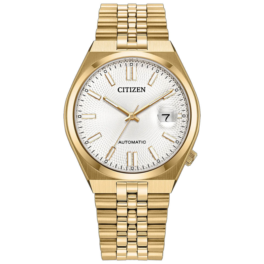 Introducing the CITIZEN TSUYOSA 60 Automatic 37mm Watch: this striking timepiece features a yellow gold-tone case and link bracelet, a white textured dial with gold hour markers, and a date window at 3 o’clock. Its refined design showcases “CITIZEN” and “AUTOMATIC” on the watch face, while the reliable automatic calibre 8310 delivers advanced functionality alongside timeless elegance.