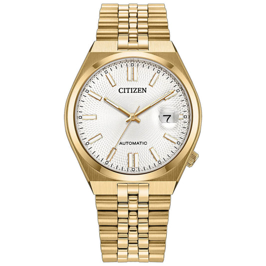 Introducing the CITIZEN TSUYOSA 60 Automatic 37mm Watch: this striking timepiece features a yellow gold-tone case and link bracelet, a white textured dial with gold hour markers, and a date window at 3 o’clock. Its refined design showcases “CITIZEN” and “AUTOMATIC” on the watch face, while the reliable automatic calibre 8310 delivers advanced functionality alongside timeless elegance.