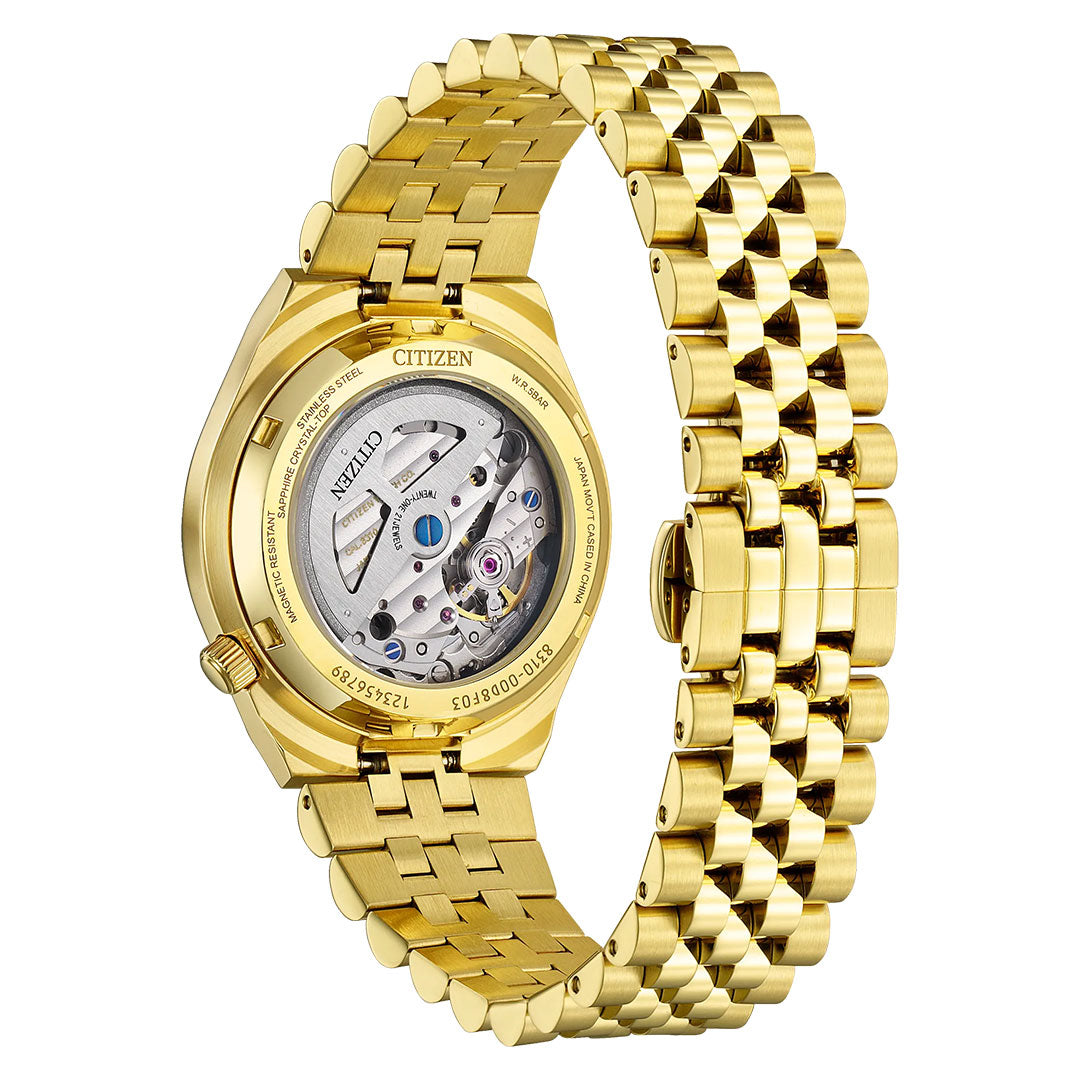 The CITIZEN TSUYOSA 60 Automatic 37mm Watch by CITIZEN boasts a yellow gold-tone finish with a polished gold metal bracelet. Showcasing the renowned automatic calibre 8310, its transparent case back reveals intricate inner mechanisms and exquisite engravings.