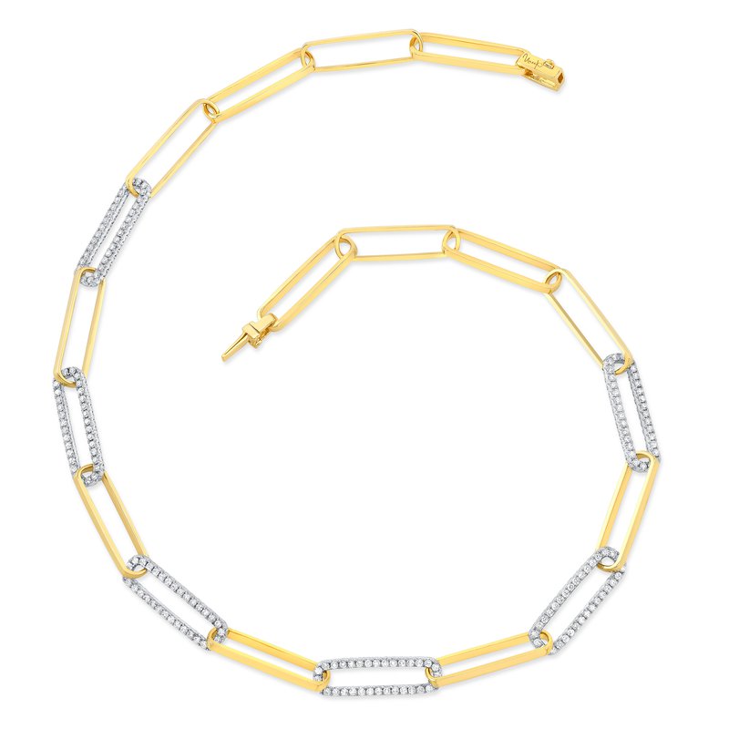 The Uneek 18K White and Yellow Gold Diamond Paperclip Chain Necklace showcases elongated gold links alongside silver links adorned with small diamonds, forming a mesmerizing spiral pattern. This exquisite piece from Uneek Jewelry radiates brilliance against a white backdrop.