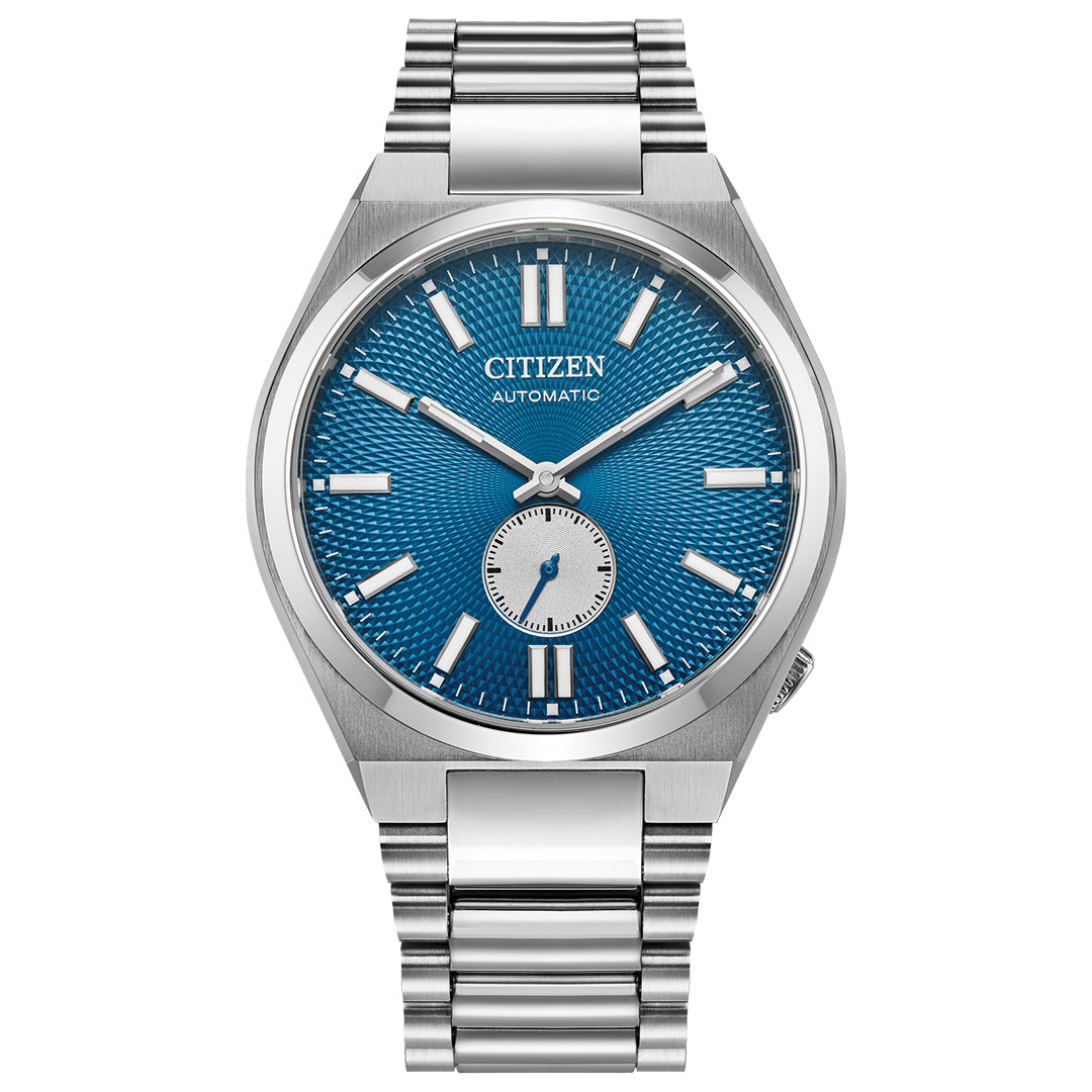 The CITIZEN TSUYOSA Small Second Automatic 40mm Watch features a textured blue dial, silver hour markers and hands, small seconds subdial at 6 o’clock, sapphire crystal, and a stainless steel bracelet.