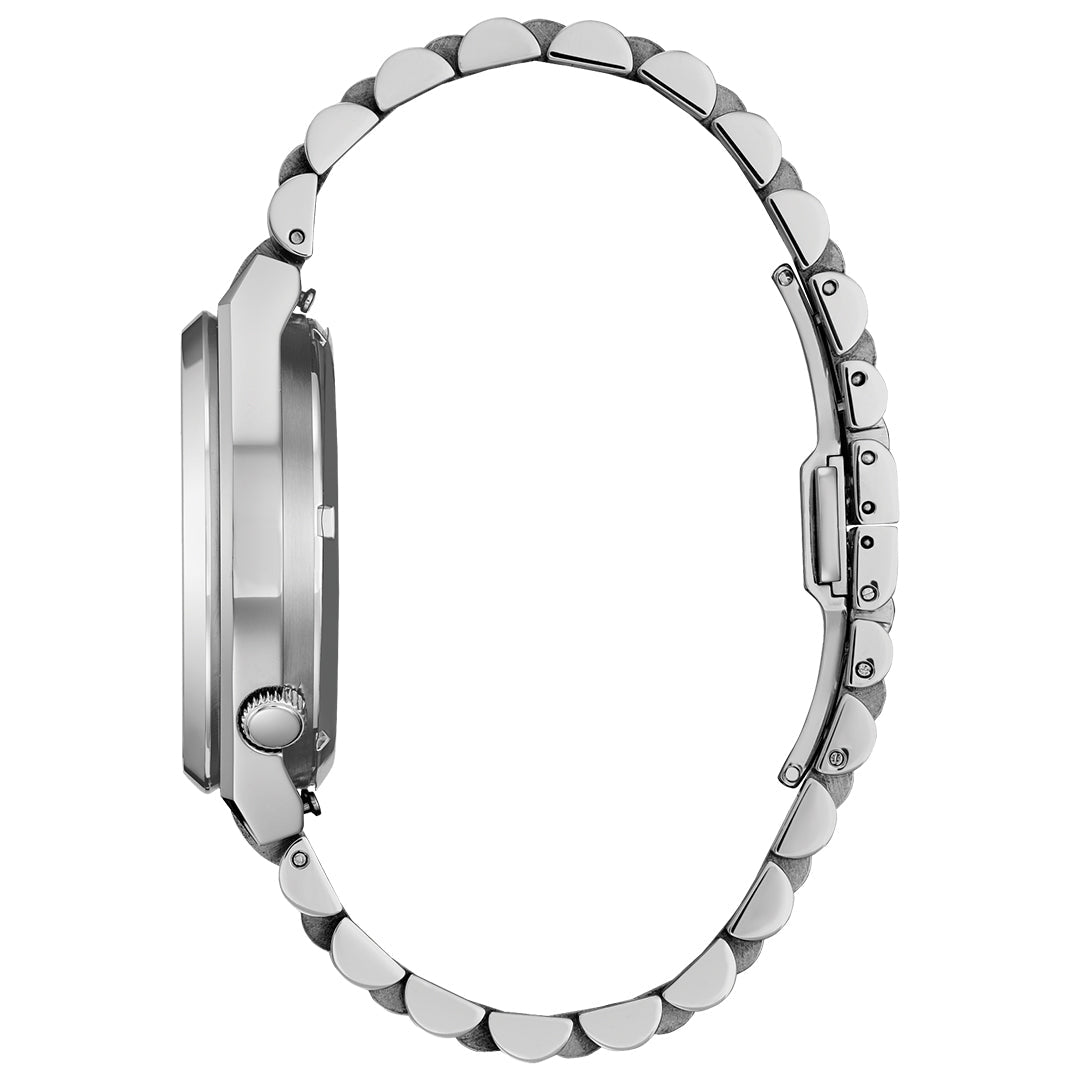 Side view of the CITIZEN TSUYOSA Small Second Automatic 40mm Watch by CITIZEN, featuring a silver metal link band, sapphire crystal, visible clasp, and left-side crown, photographed against a plain white background.
