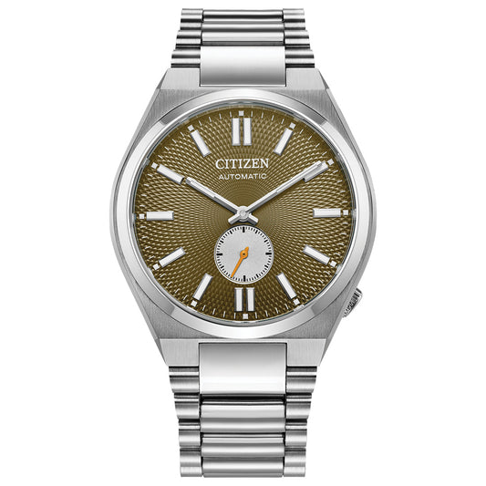 The CITIZEN TSUYOSA Small Second Automatic 40mm Watch features a stainless steel case, textured gold dial, silver markers and hands, small seconds subdial above 6 o’clock, and “CITIZEN AUTOMATIC” below 12 o’clock.