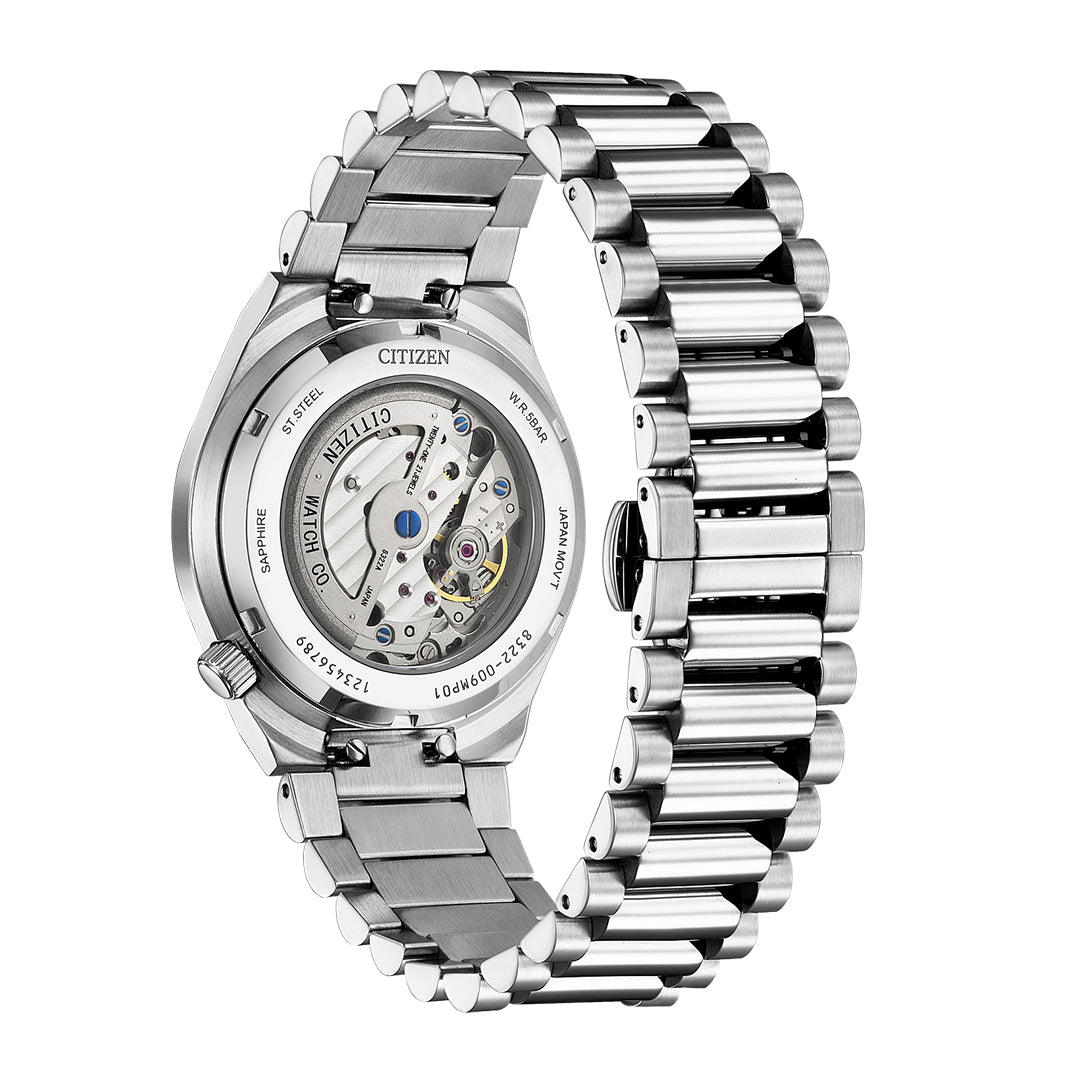 The CITIZEN TSUYOSA Small Second Automatic 40mm Watch features a transparent case back revealing its mechanical movement, polished rounded stainless steel bracelet links, and a sapphire crystal for lasting clarity.