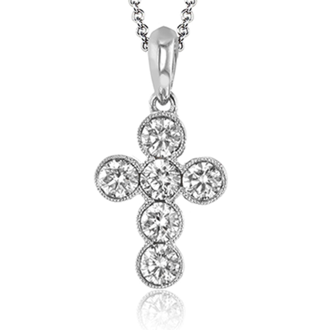 The Simon G. 18K White Gold Diamond Cross Necklace Pendant features six round diamonds totaling 0.71 CTW in bezel settings on a delicate chain, creating a sparkling cross design by the renowned brand Simon G.