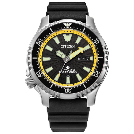 The CITIZEN Promaster Dive Automatic Mechanical 44mm Watch showcases a stainless steel case and a black rubber strap. Its black dial features luminescent markers and a striking yellow accent ring, along with a day/date display set to Monday, the 7th. It is labeled as "Automatic Diver's 200m.