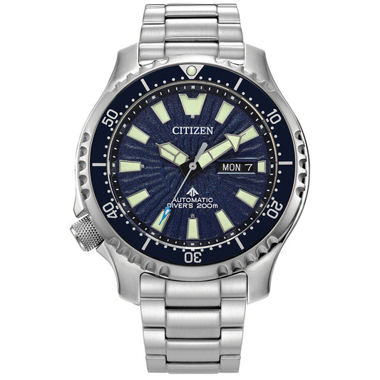 The CITIZEN Promaster Dive Automatic Mechanical 44mm Watch features a stainless steel bracelet and a dark blue face, complemented by luminescent hour markers and hands. Its bezel is equipped with minute indicators, and the date display is positioned at 3 o'clock. This timepiece is suitable for diving up to 200 meters.