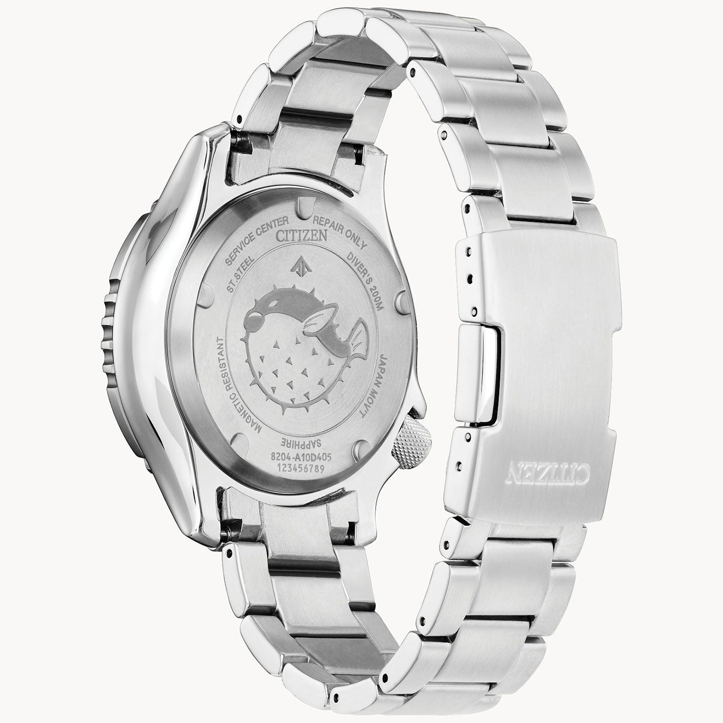 The image shows the back view of a CITIZEN Promaster Dive Automatic Mechanical 44mm Watch with a stainless steel bracelet. The watch case back displays branding details and features an engraved emblem in its design.